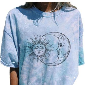 Remidoo Women Sun and Moon Tie Dye T-Shirt Round Neck Short Sleeve Top Casual Te